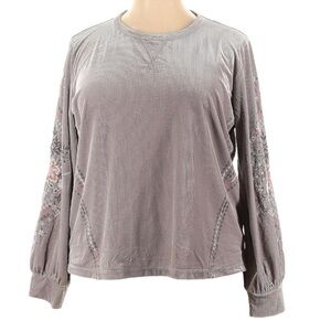 Kate & Sam Floral Embroidered Silver Gray Ribbed Boho Top Size XXL NWT
